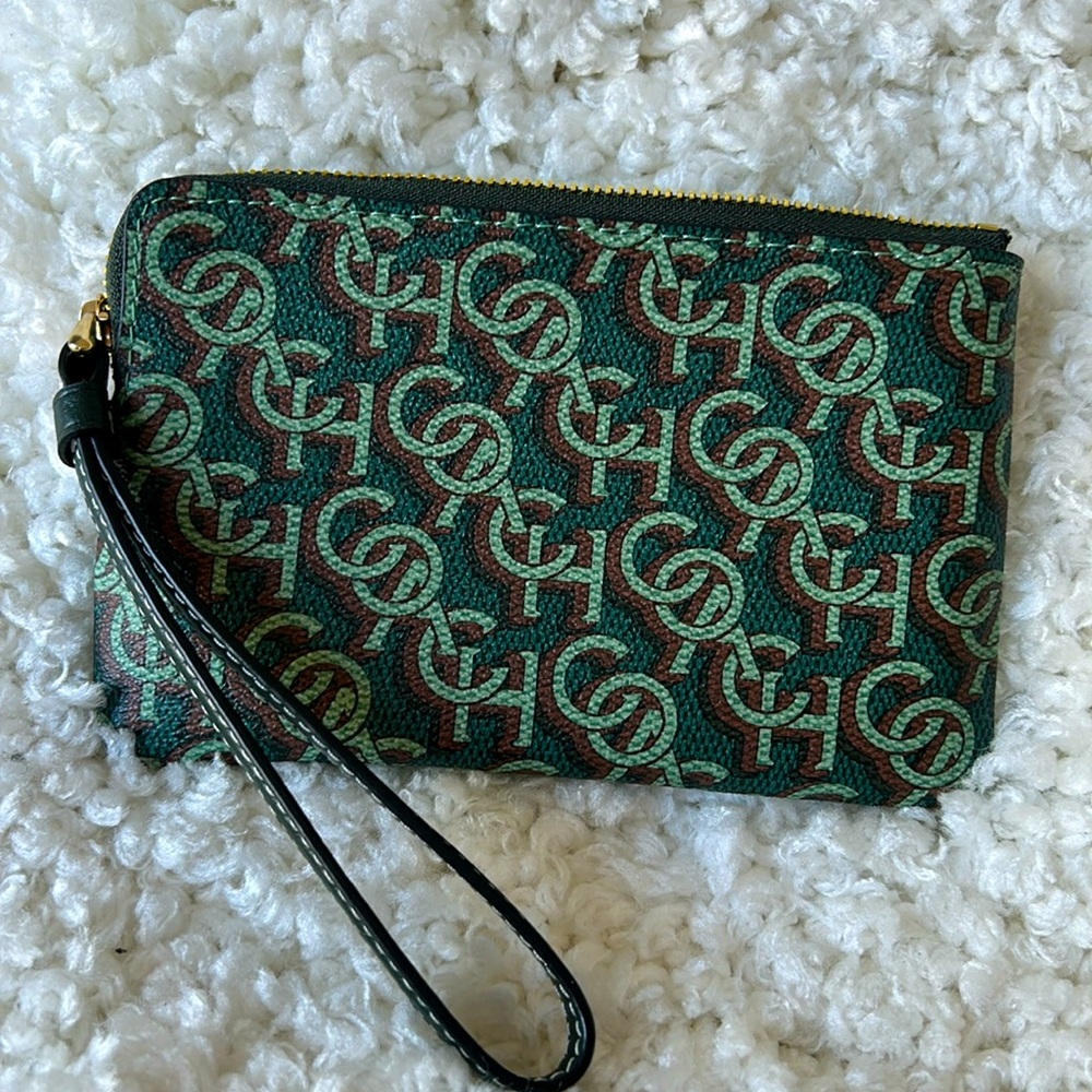 Coach pouch wristlet canvas green and brown color.